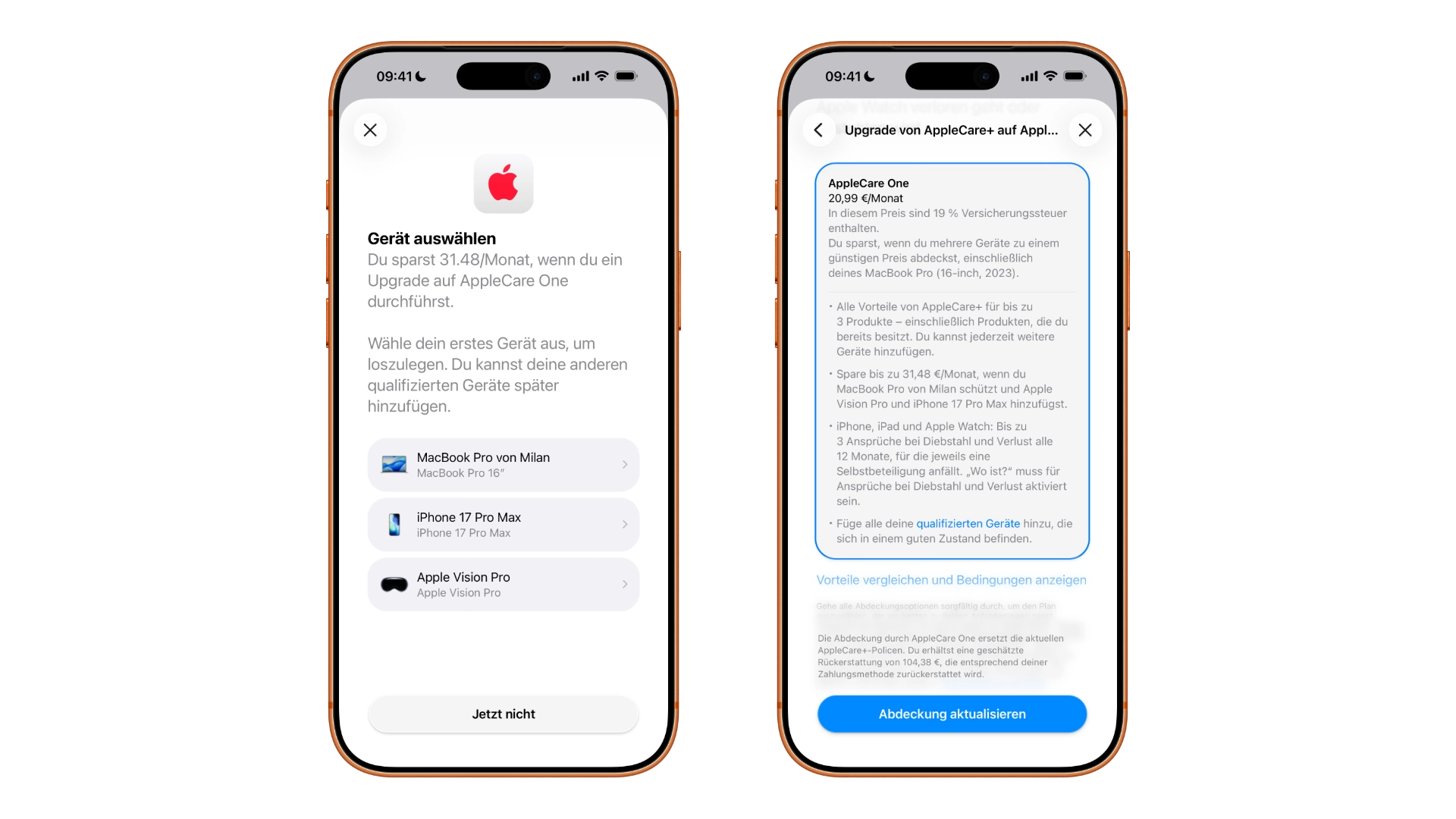 Upgrade auf AppleCare One in Deutschland mit angezeigter monatlicher Ersparnis für MacBook Pro, iPhone 17 Pro Max und Apple Vision Pro