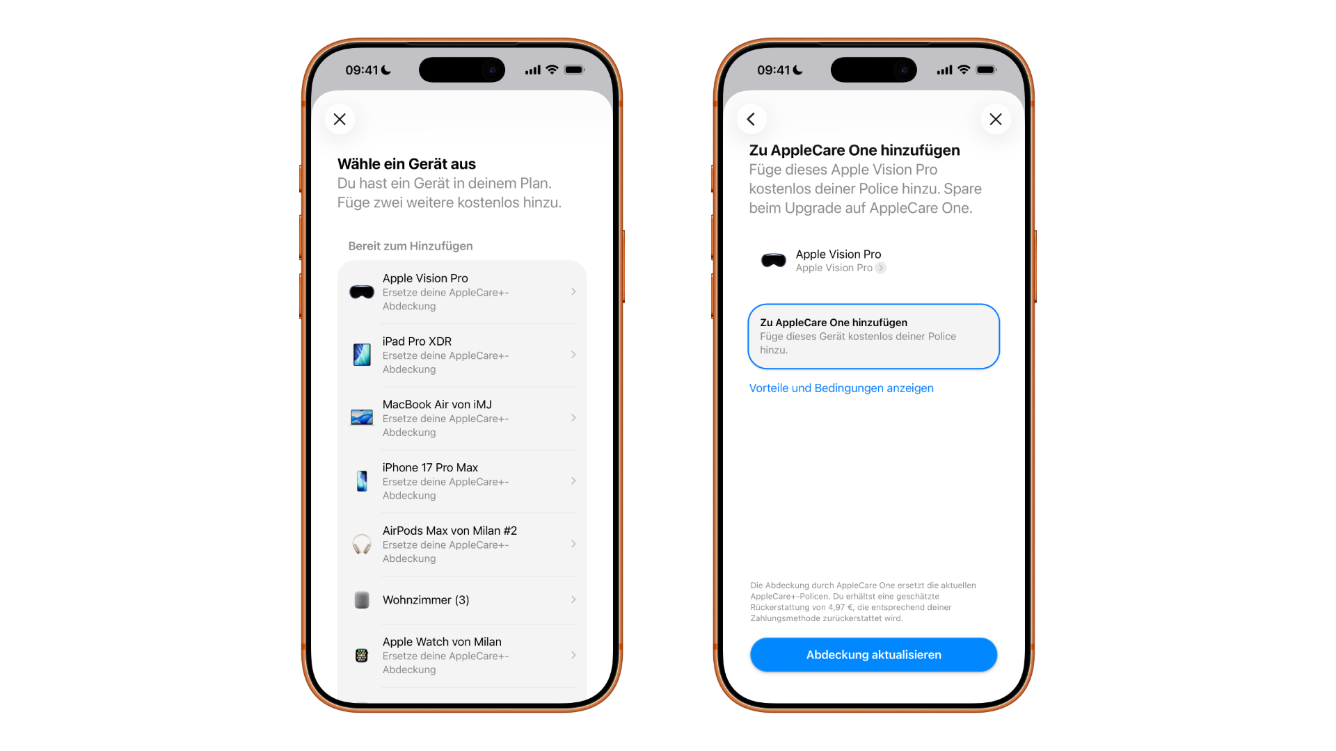 Device list when adding to AppleCare One with an Apple Vision Pro selected for inclusion in the plan