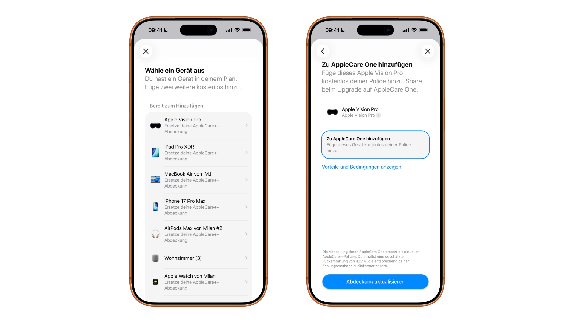 Geräteliste beim Hinzufügen zu AppleCare One, in der eine Apple Vision Pro für die Aufnahme in den Plan ausgewählt ist
