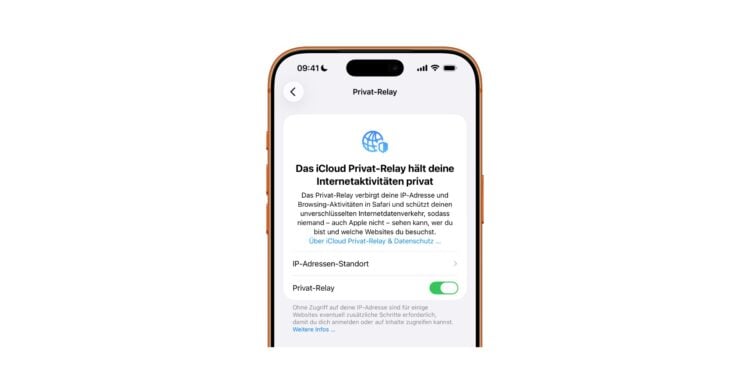 Der Einstellungsbildschirm für iCloud Privat-Relay auf dem iPhone mit dem Schalter zum Aktivieren und der Wahl der IP-Adressen-Genauigkeit