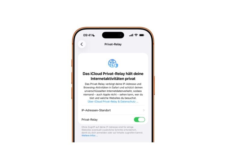 Der Einstellungsbildschirm für iCloud Privat-Relay auf dem iPhone mit dem Schalter zum Aktivieren und der Wahl der IP-Adressen-Genauigkeit
