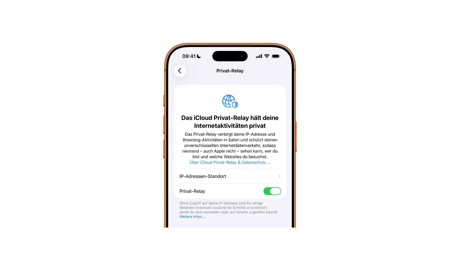 Der Einstellungsbildschirm für iCloud Privat-Relay auf dem iPhone mit dem Schalter zum Aktivieren und der Wahl der IP-Adressen-Genauigkeit