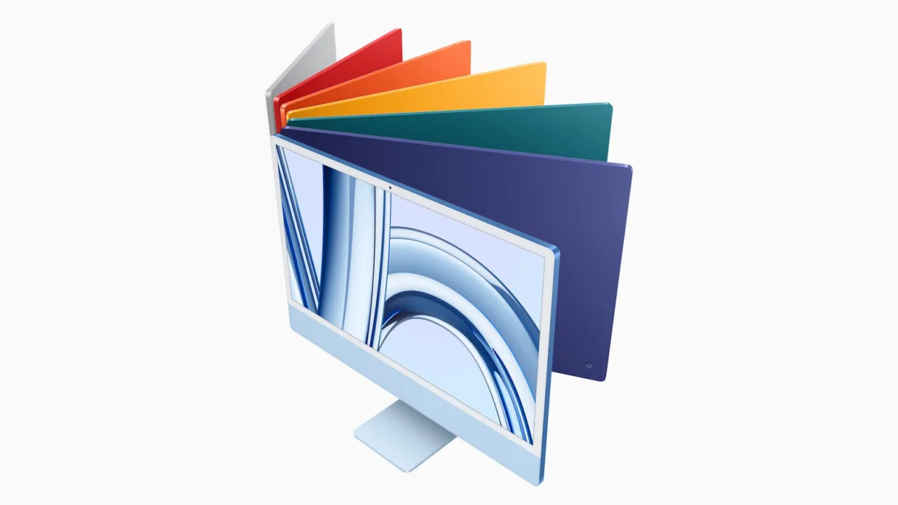 Sieben Farbvarianten des iMac aufgefächert, vor dem iMac M6 mit neuen Farboptionen