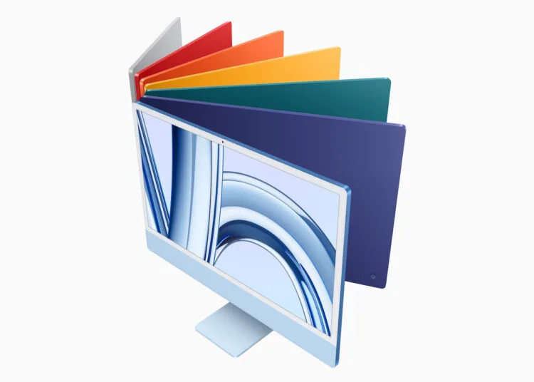 Sieben Farbvarianten des iMac aufgefächert, vor dem iMac M6 mit neuen Farboptionen