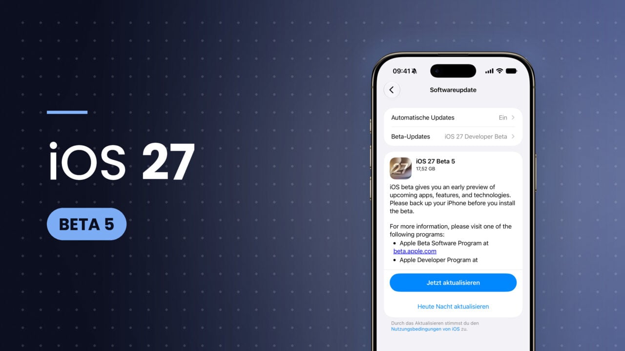 iPhone zeigt die Einstellungen zum Softwareupdate mit iOS 27 Beta 5 und dem Button zum Aktualisieren