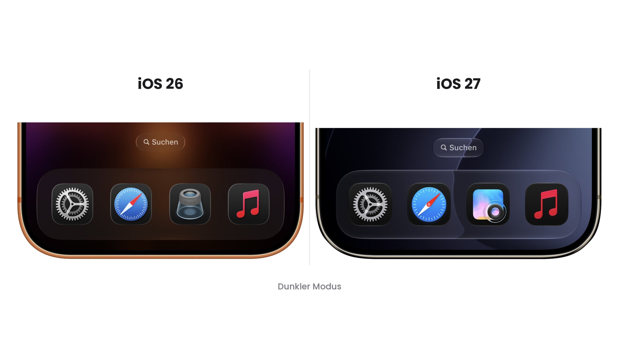 Dock mit Einstellungen, Safari, Vorschau und Apple Music unter iOS 26 und iOS 27 Beta 5 im dunklen Modus