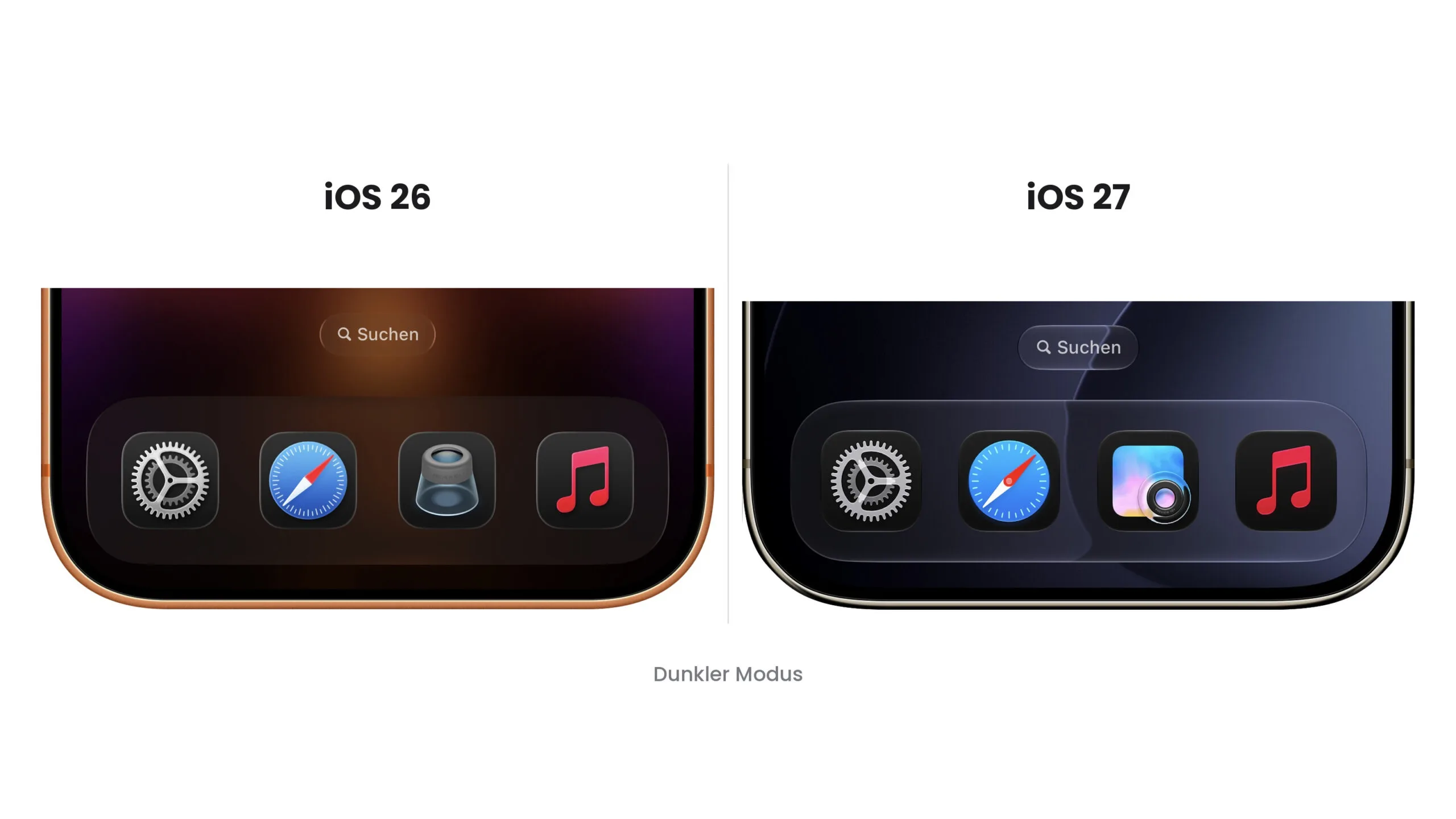 Dock mit Einstellungen, Safari, Vorschau und Apple Music unter iOS 26 und iOS 27 Beta 5 im dunklen Modus