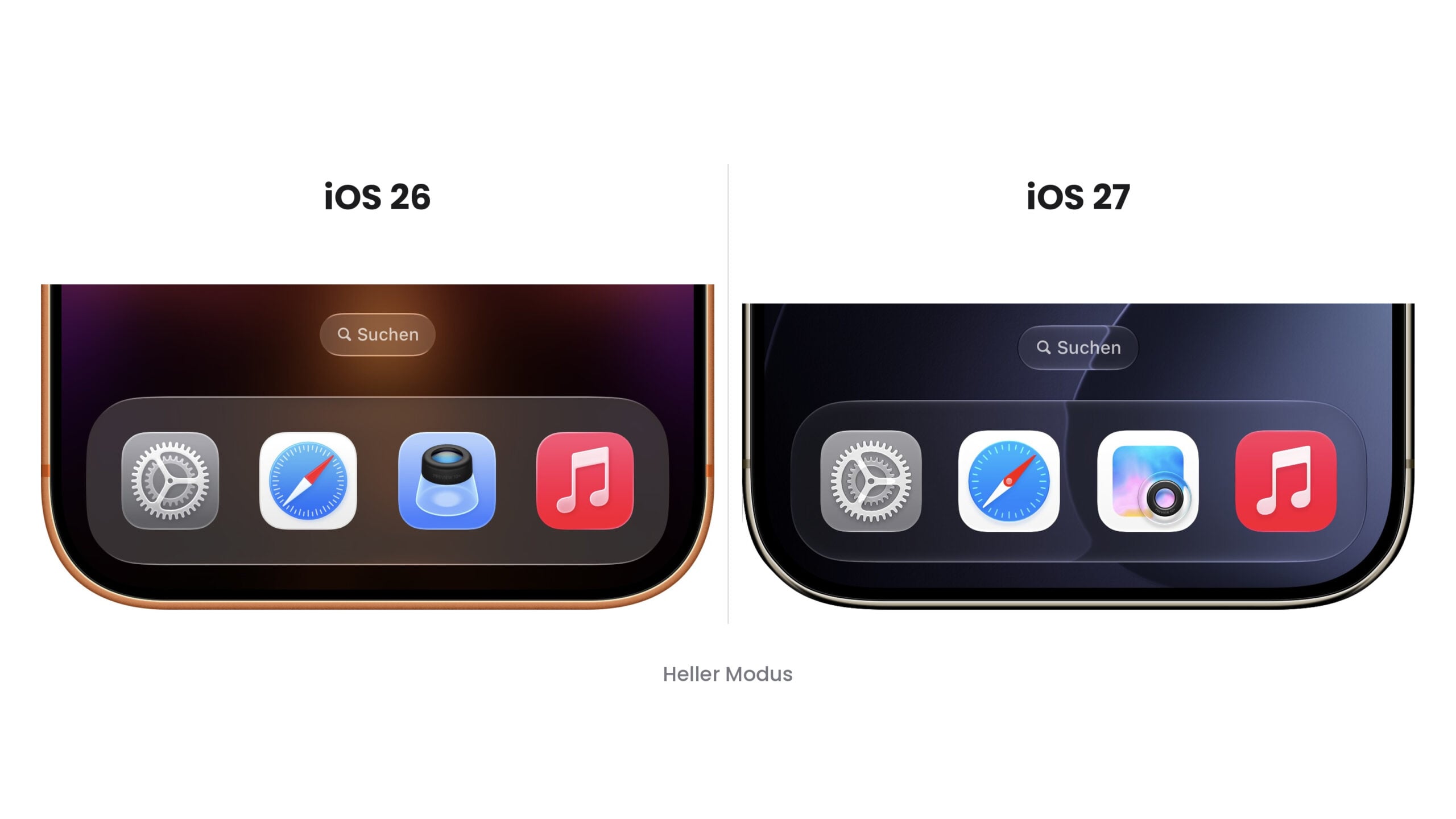 Dock mit Einstellungen, Safari, Vorschau und Apple Music unter iOS 26 und iOS 27 Beta 5 im hellen Modus