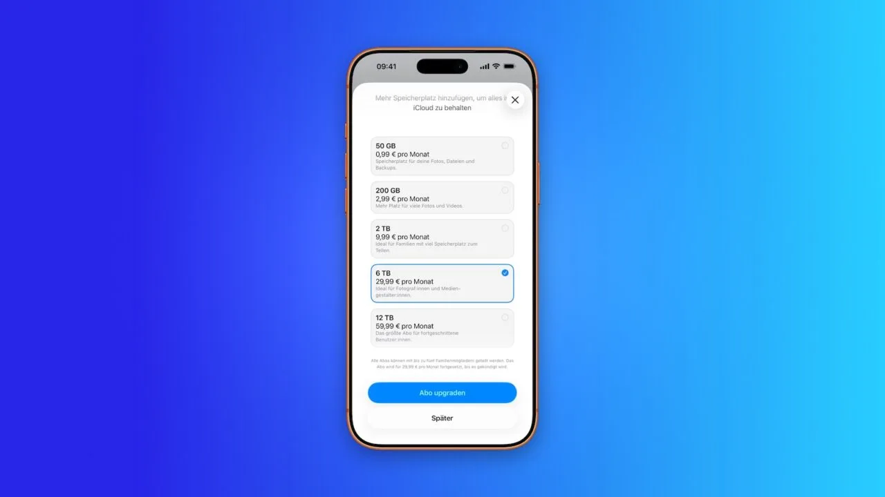 iPhone zeigt die fünf iCloud+-Stufen mit Preisen von 0,99 bis 59,99 Euro, deren Wahl in iOS 27 auch über die KI-Funktionen entscheidet