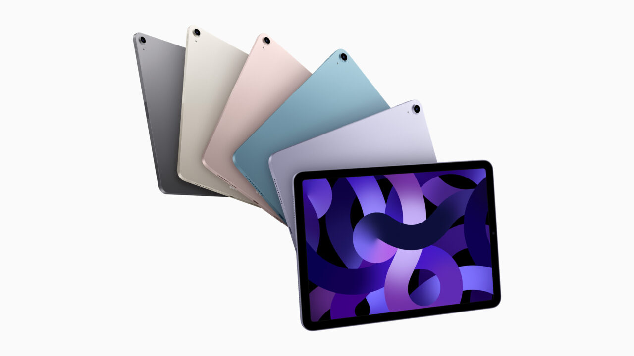 Six iPad Air models fanned out in different colors, one with its display on, as BOE aims to become a second panel supplier for the OLED iPad Air
