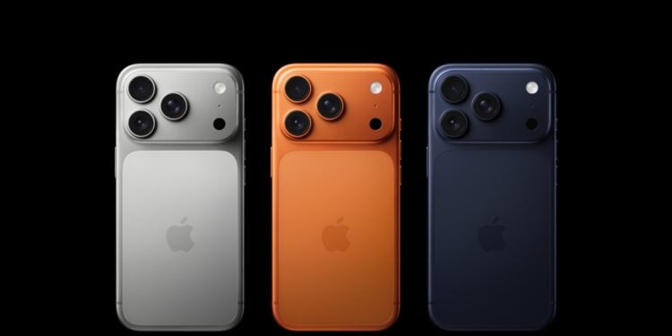Drei iPhone 17 Pro von hinten nebeneinander in Silber, Orange und Blau, deren Nachfolger iPhone 18 Pro mit längeren Lieferzeiten starten könnte