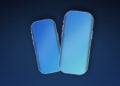 Symbolic image of the iPhone 20 showing two tilted device outlines of different sizes=