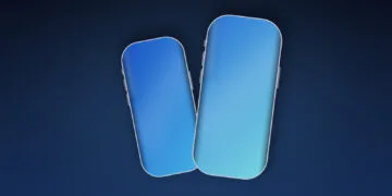 Symbolbild zum iPhone 20: zwei gekippte Geräteumrisse unterschiedlicher Größe mit randlosen Bildschirmflächen in Blau und Cyan