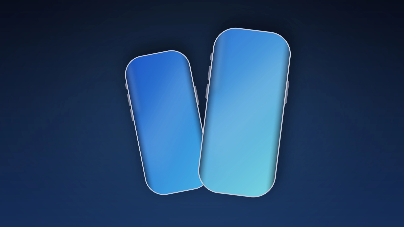 Symbolbild zum iPhone 20: zwei gekippte Geräteumrisse unterschiedlicher Größe mit randlosen Bildschirmflächen in Blau und Cyan