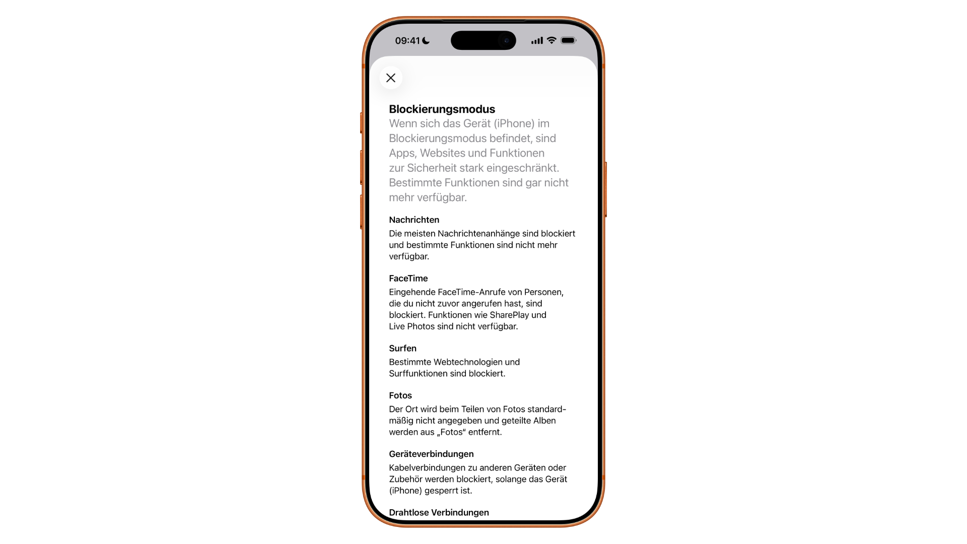 Lockdown Mode in the iPhone settings listing its restrictions, an option when travelling with an iPhone to high-risk regions