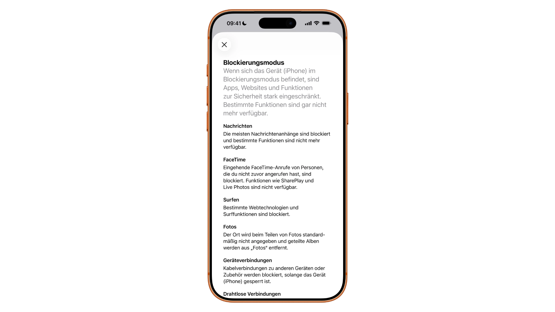 Der Blockierungsmodus in den iPhone-Einstellungen mit der Übersicht seiner Einschränkungen, eine Option für das iPhone auf Reisen in Risikogebiete