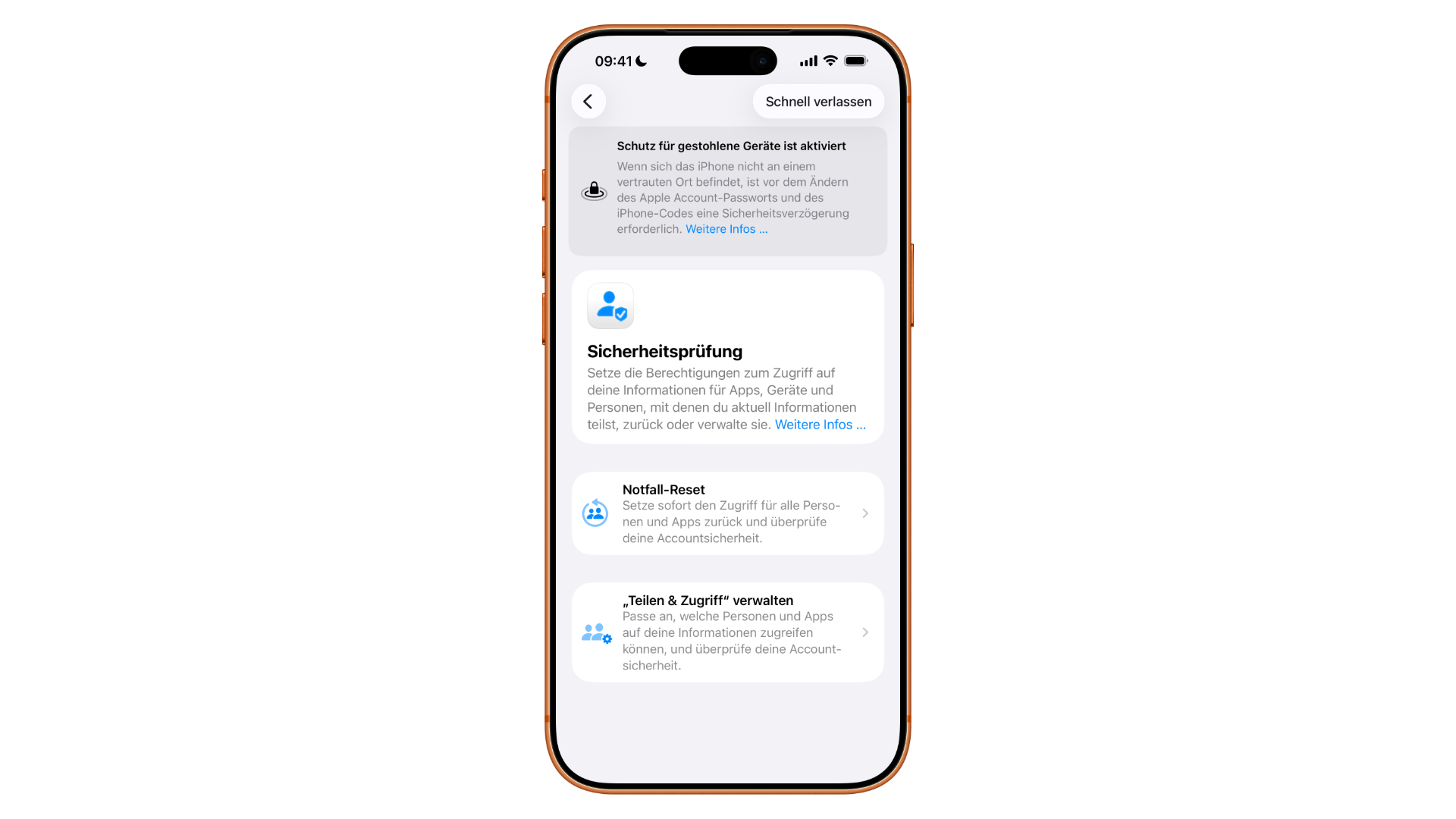 The Safety Check screen on iPhone with the options to manage sharing and access or run an emergency reset, useful before and after travelling with an iPhone