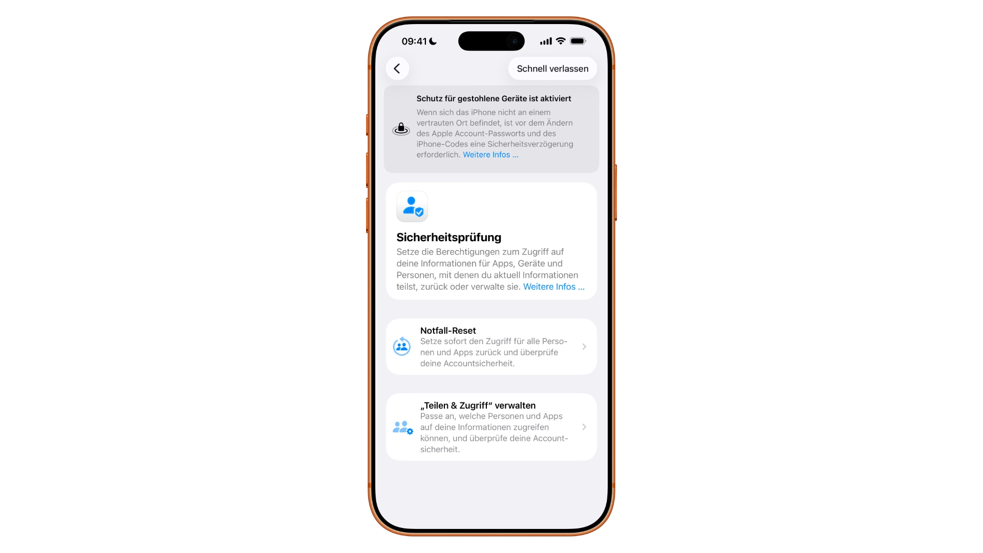 Die Sicherheitsprüfung auf dem iPhone mit den Optionen „Teilen & Zugriff verwalten“ und „Notfall-Reset“, nützlich vor und nach dem iPhone auf Reisen