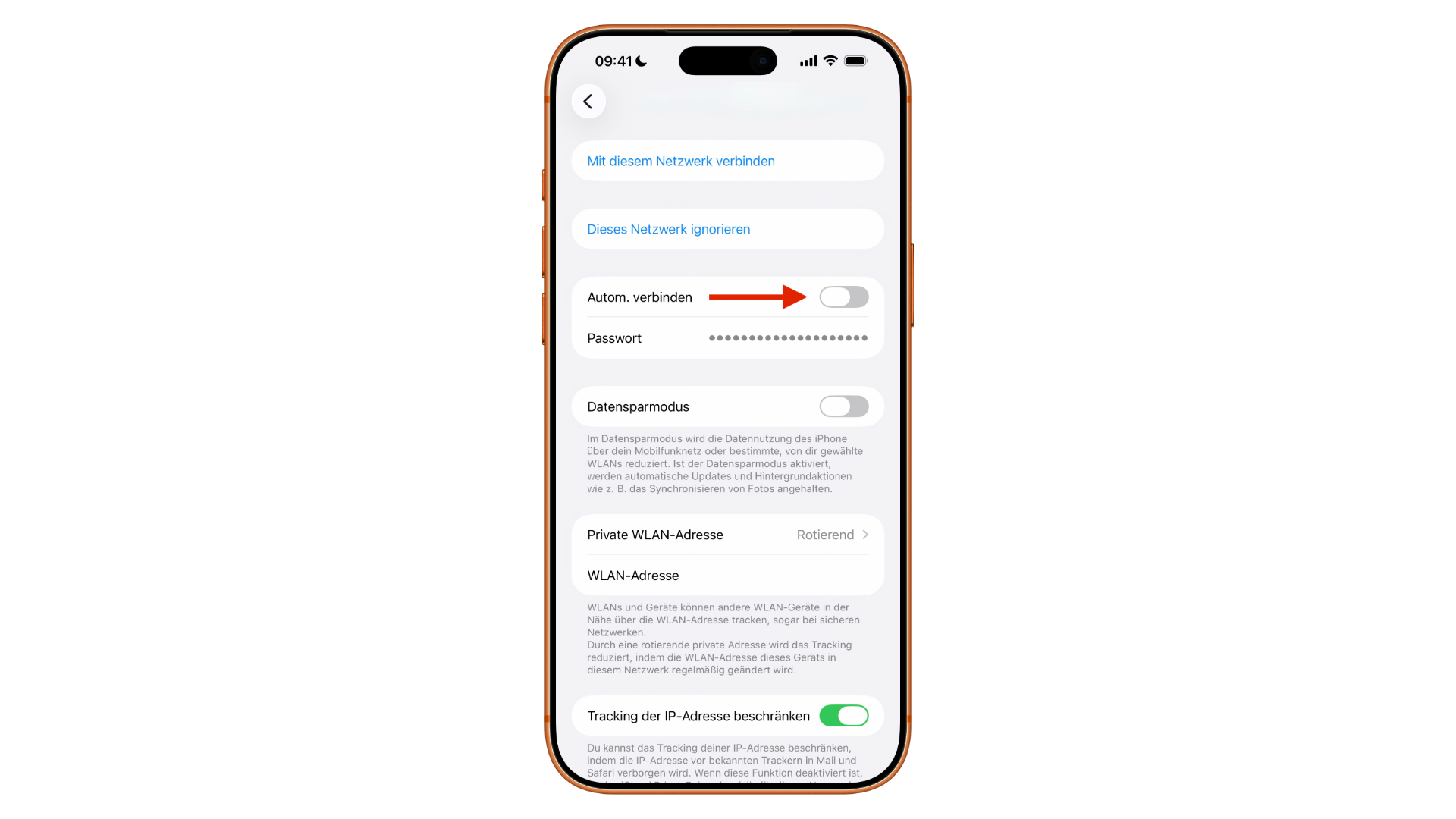 Detail view of a Wi-Fi network on iPhone showing the "Auto-Join" toggle, which should be turned off before travelling with an iPhone