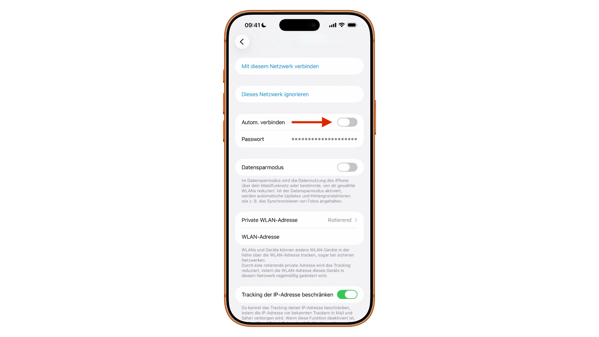 Detailansicht eines WLAN-Netzwerks auf dem iPhone mit dem Schalter „Automatisch verbinden“, den man vor dem iPhone auf Reisen deaktivieren sollte