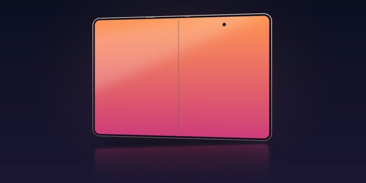 Symbolbild zu den iPhone Ultra Farben: gezeichneter Geräteumriss im aufgeklappten Zustand mit durchgehender Displayfläche und mittiger Scharnierlinie