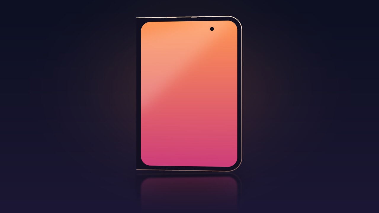 Gezeichneter Umriss des zugeklappten iPhone Ultra mit kantigen Ecken an der Scharnierseite und runden Ecken gegenüber, wie es die geleakten iPhone Ultra Schutzfolien nahelegen