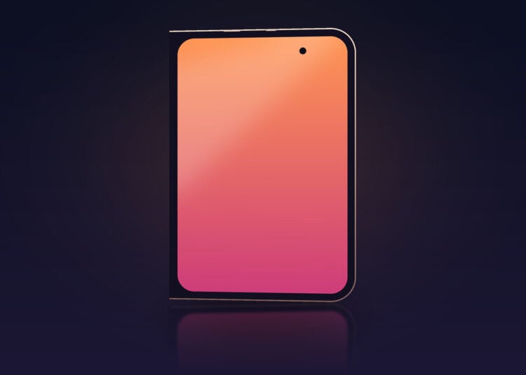 Gezeichneter Umriss des zugeklappten iPhone Ultra mit kantigen Ecken an der Scharnierseite und runden Ecken gegenüber, wie es die geleakten iPhone Ultra Schutzfolien nahelegen