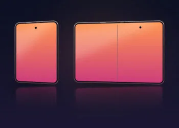 Symbolbild zum Markt für faltbare Smartphones: gezeichnete Geräteumrisse im zugeklappten und im aufgeklappten Zustand nebeneinander auf gleicher Höhe
