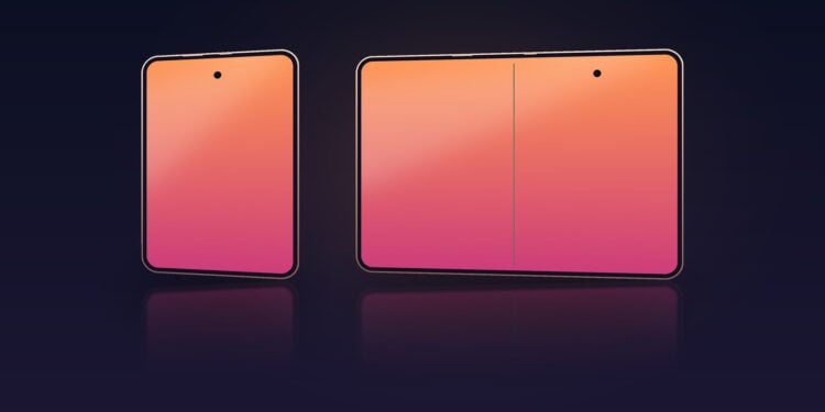 Symbolbild zum Markt für faltbare Smartphones: gezeichnete Geräteumrisse im zugeklappten und im aufgeklappten Zustand nebeneinander auf gleicher Höhe