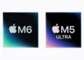 Die Apple Chips M6 und M5 Ultra nebeneinander, jeweils mit Apple Logo auf farbigem Verlauf