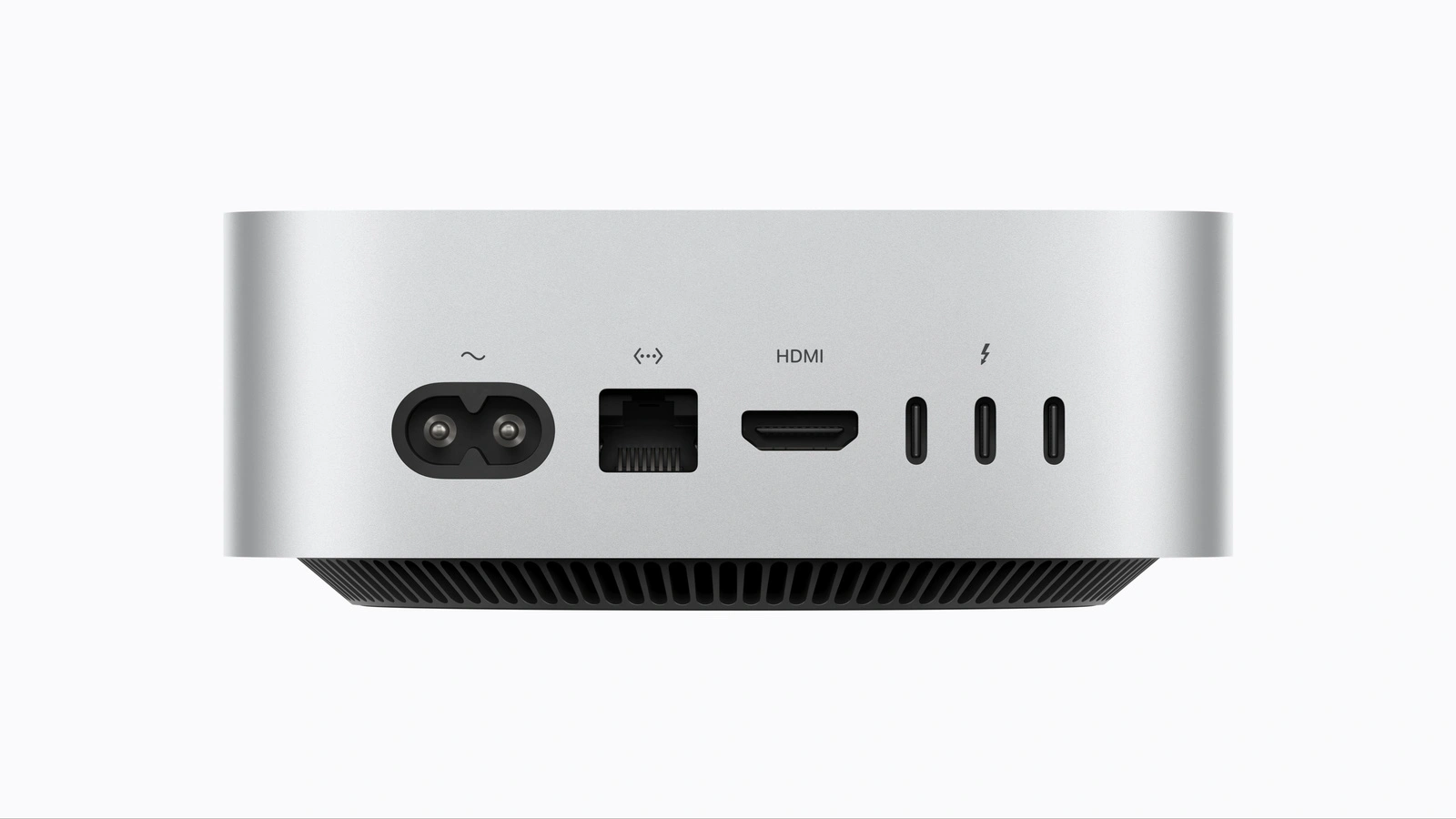 Rückseite des Mac mini M6 mit Stromanschluss, Ethernet, HDMI und drei Thunderbolt-Anschlüssen