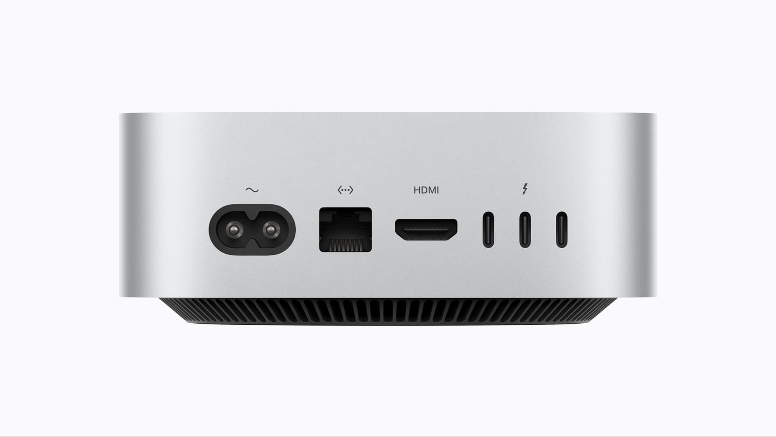 Rear of the Mac mini M6 with power connector, Ethernet, HDMI and three Thunderbolt ports