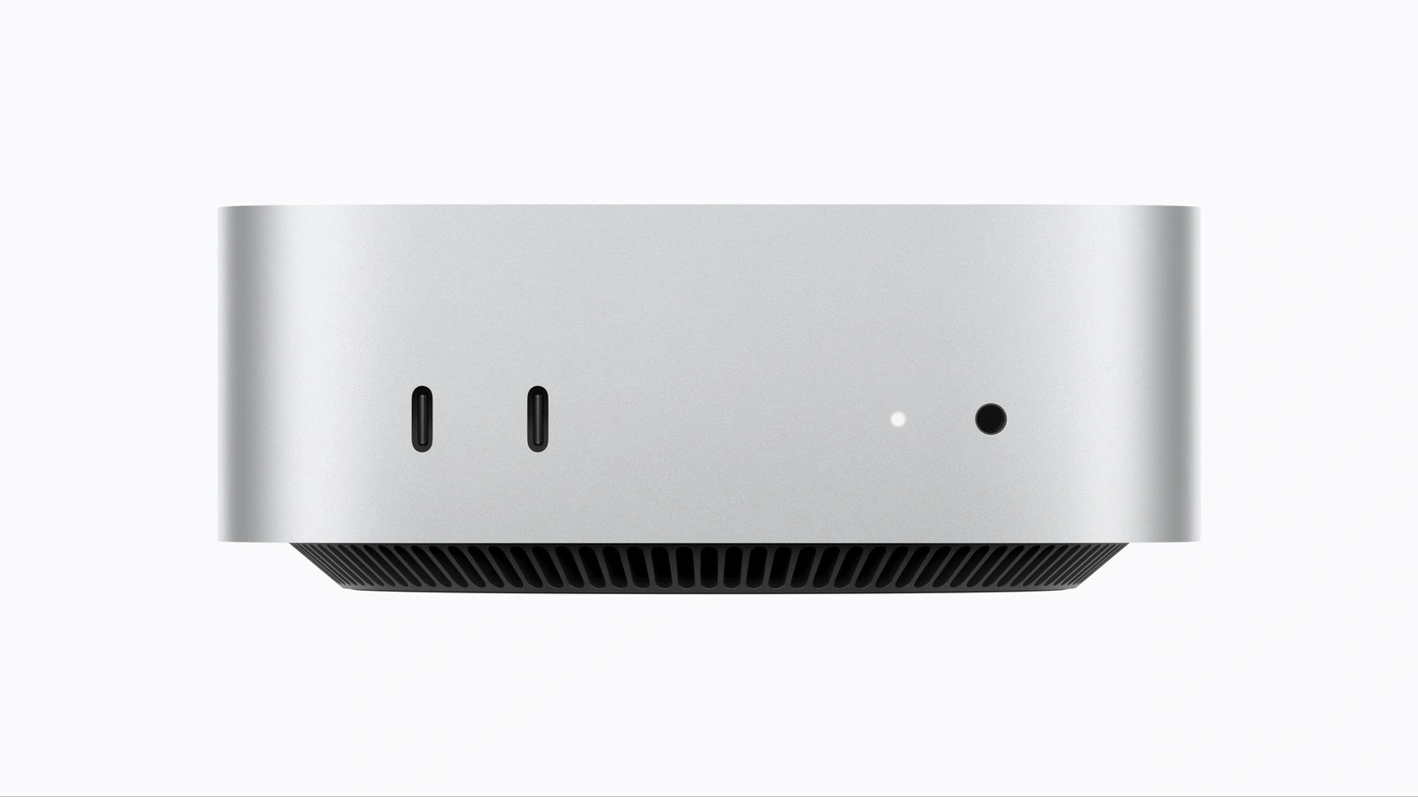 Vorderseite des Mac mini M6 mit zwei USB-C-Anschlüssen, Statusleuchte und Kopfhöreranschluss