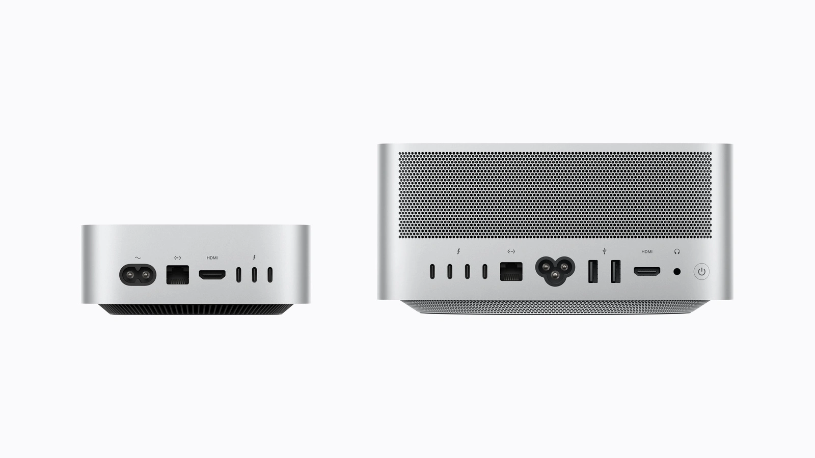 Rückseiten von Mac mini und Mac Studio maßstabsgetreu nebeneinander, links drei Thunderbolt-Anschlüsse, rechts vier plus zwei USB-A