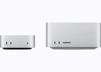 Mac mini und Mac Studio maßstabsgetreu nebeneinander, der Mac Studio ist deutlich breiter und höher