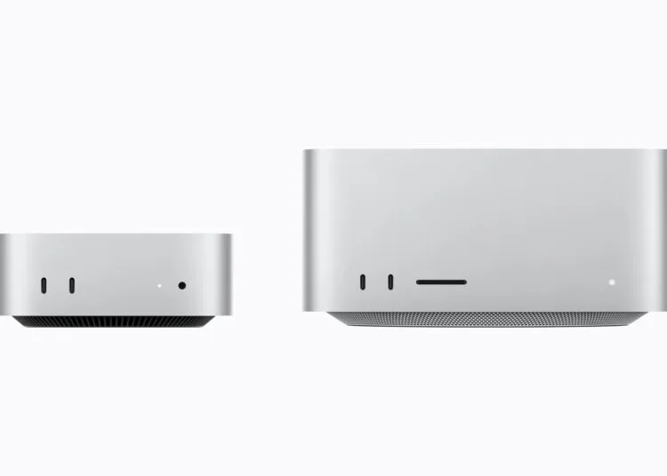 Mac mini und Mac Studio maßstabsgetreu nebeneinander, der Mac Studio ist deutlich breiter und höher