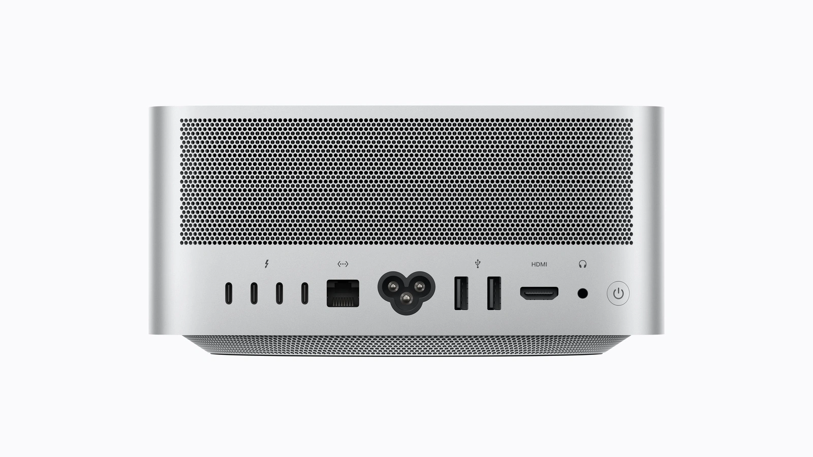 Rückseite des Mac Studio M5 Ultra mit vier Thunderbolt-Anschlüssen, Ethernet, zwei USB-A, HDMI und Kopfhörerbuchse