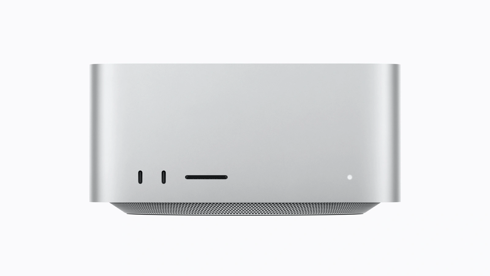 Vorderseite des Mac Studio mit zwei USB-C-Anschlüssen, SDXC-Kartensteckplatz und Statusanzeige