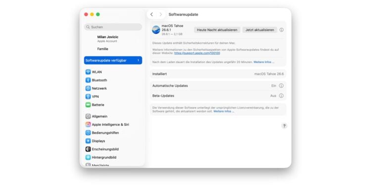 Software Update in System Settings on a Mac showing the available macOS Tahoe 26.6.1 update
