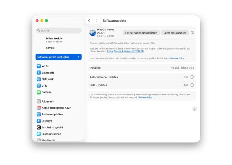 Softwareupdate in den Systemeinstellungen am Mac mit dem bereitstehenden Update auf macOS Tahoe 26.6.1
