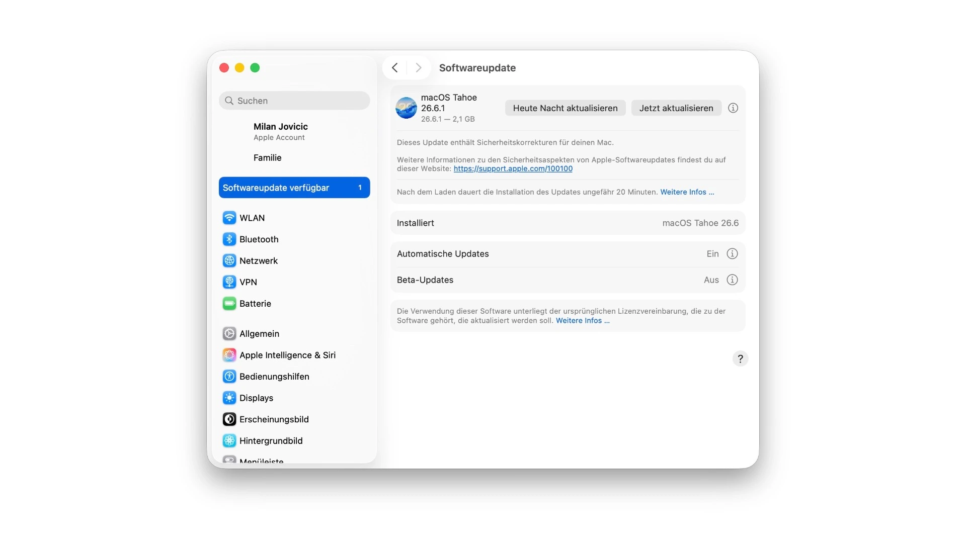 Softwareupdate in den Systemeinstellungen am Mac mit dem bereitstehenden Update auf macOS Tahoe 26.6.1