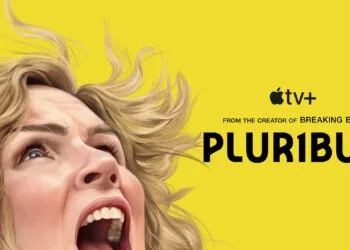 Key Art der Apple-TV-Serie Pluribus mit einer schreienden Frau vor gelbem Hintergrund, deren Fortsetzung als Pluribus Staffel 2 in Kürze gedreht wird