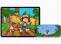 Sneaky Sasquatch rennt im Crossover-Level auf einem iPad, daneben beobachtet er auf einem iPhone Vögel