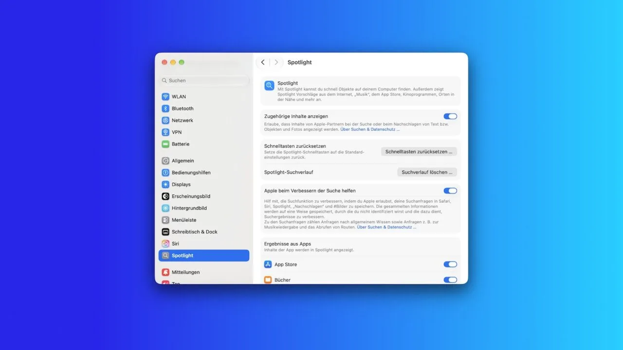 Spotlight-Einstellungen auf dem Mac, in denen sich steuern lässt, welche Inhalte die Spotlight-Indexierung erfasst