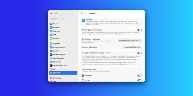 Spotlight-Einstellungen auf dem Mac, in denen sich steuern lässt, welche Inhalte die Spotlight-Indexierung erfasst