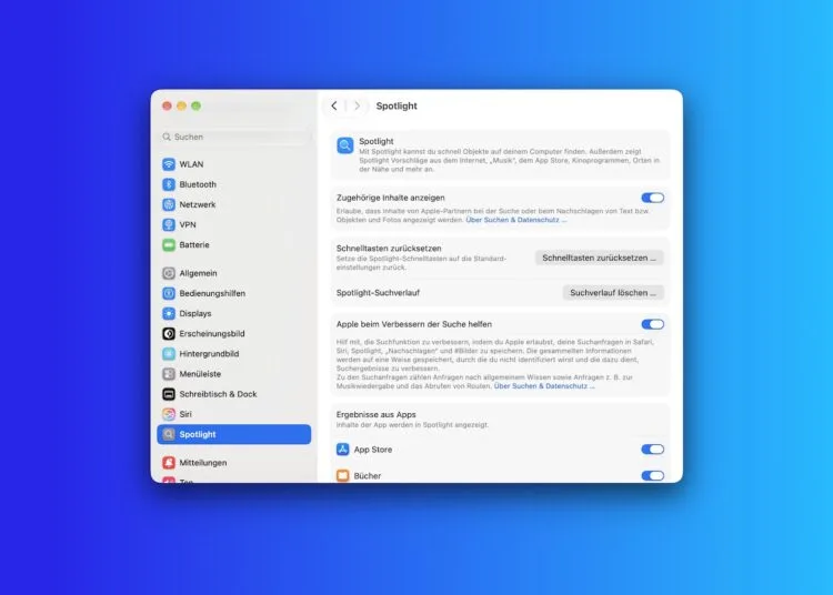 Spotlight-Einstellungen auf dem Mac, in denen sich steuern lässt, welche Inhalte die Spotlight-Indexierung erfasst