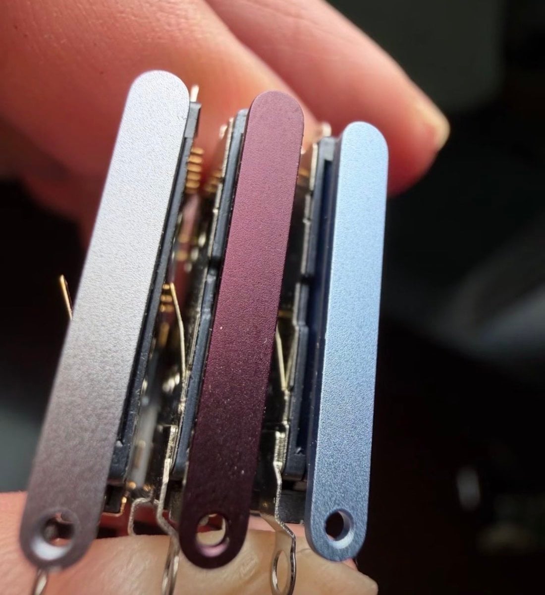 Three SIM card trays in silver, dark cherry and light blue hinting at the iPhone 18 Pro colors