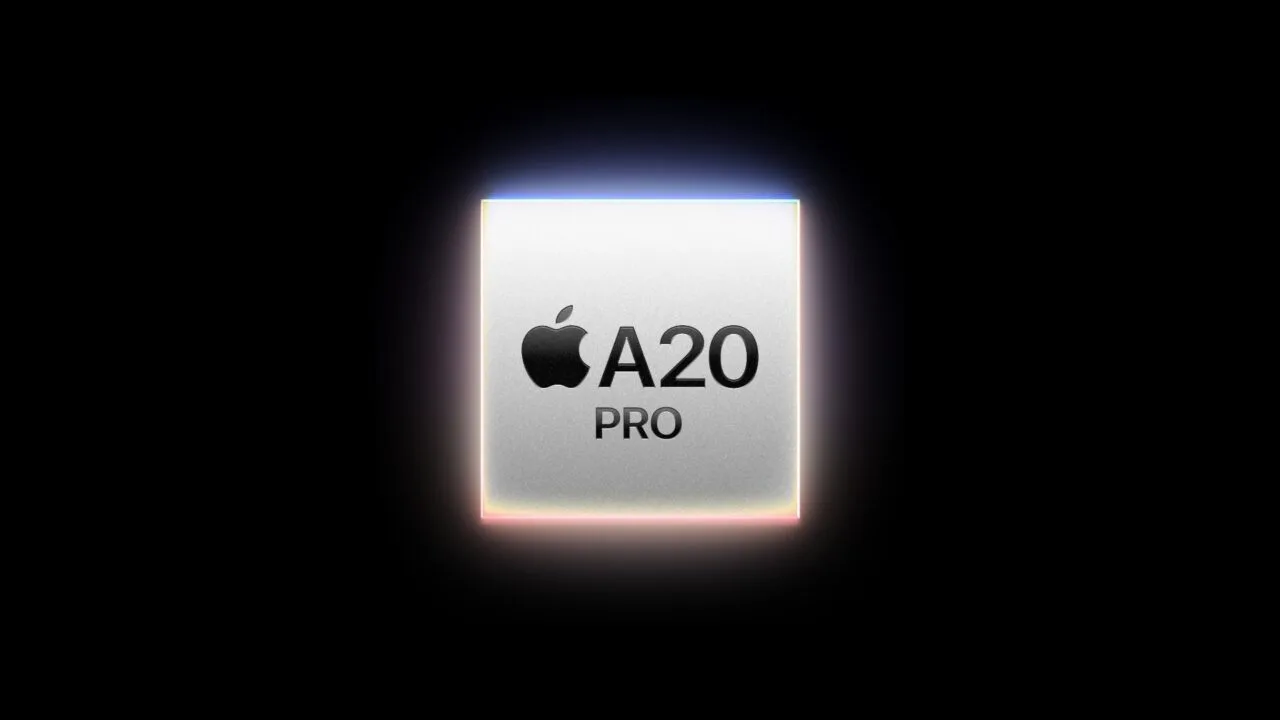 A20 Pro vs. A19 Pro: Apples Grafik des A20-Pro-Chips mit Apple-Logo auf hellem Chipgehäuse vor schwarzem Hintergrund