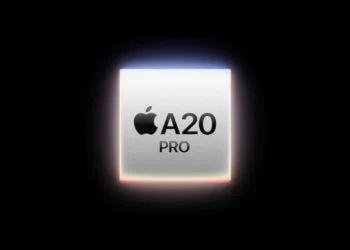 A20 Pro vs. A19 Pro: Apples Grafik des A20-Pro-Chips mit Apple-Logo auf hellem Chipgehäuse vor schwarzem Hintergrund