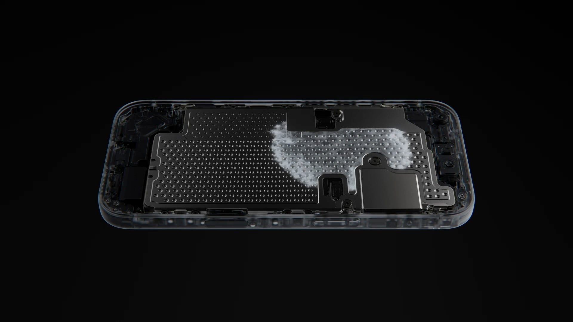 A20 Pro vs. A19 Pro: Apple's illustration of the vapor chamber inside an iPhone, with vapor spreading across the cooling plate